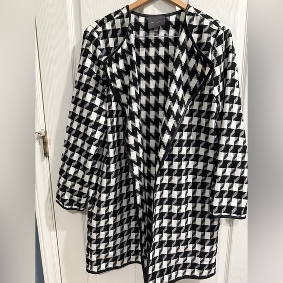 The Limited Black White Trench Coat Houndstooth Pattern Leather Trim w/ Pockets - Picture 2 of 9